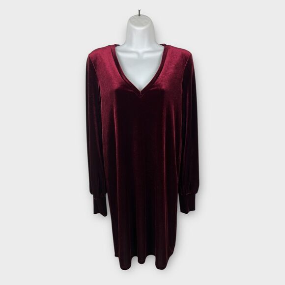 1 State Womens Deep Red Velvet Long Sleeve V-Neck Pullover Shift Dress Size 8 - Picture 1 of 5